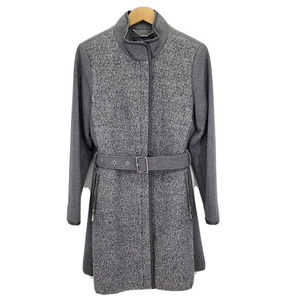 Vince Camuto Boucle Front Mixed Media Belt Wool Blend Long Jacket Large - Picture 2 of 5